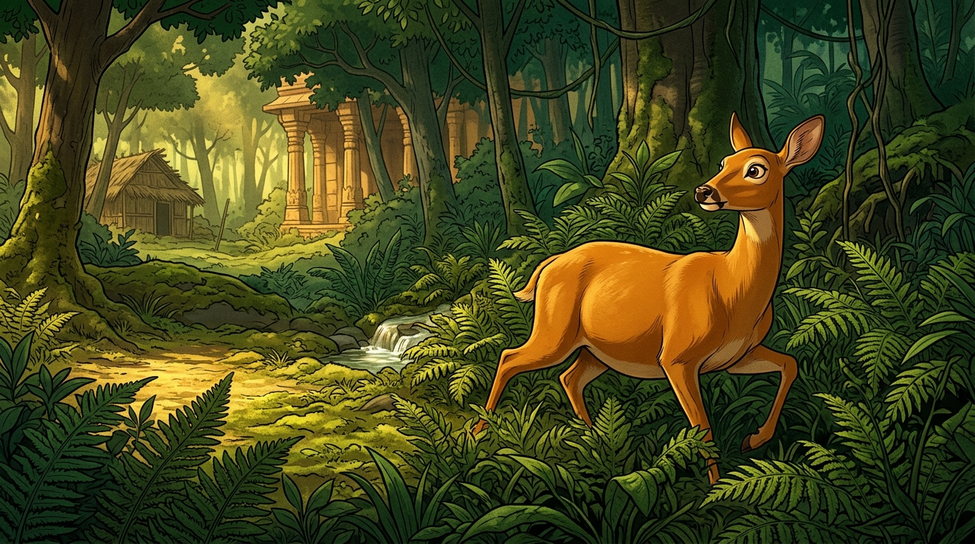 The pregnant doe darts safely into the dense green fern grove, looking back in gratitude
