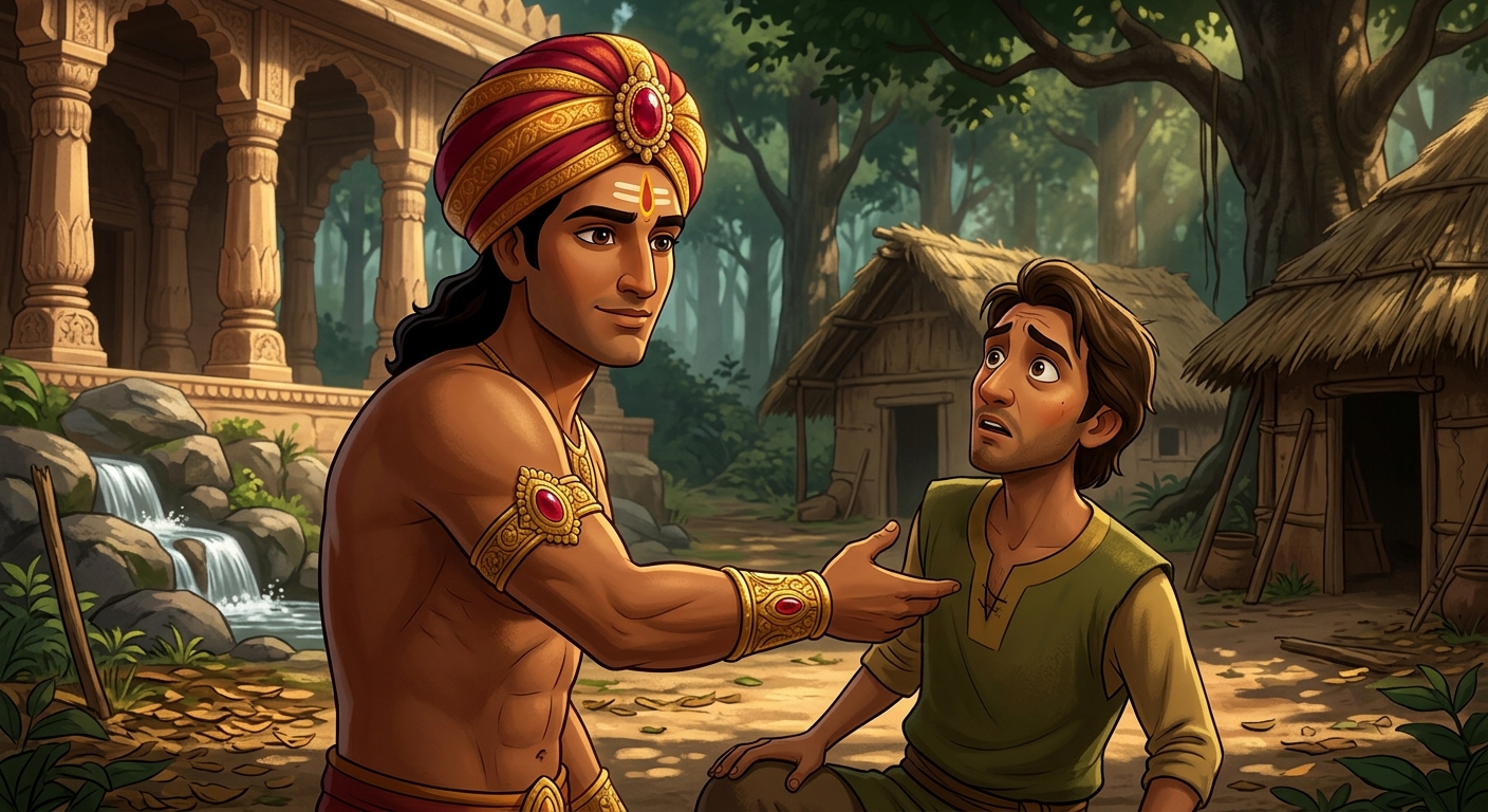 Vikramaditya extends his hand calmly, lifting the trembling hunter to his feet