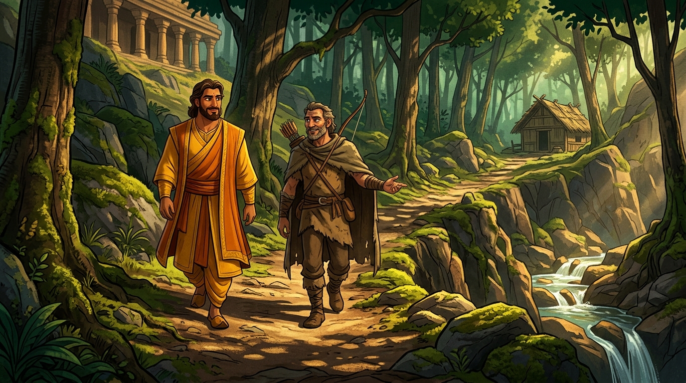 Vikramaditya walks alongside the hunter along a narrow rugged mountain path
