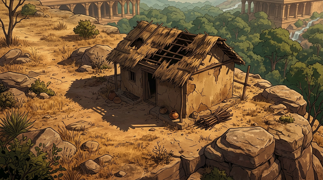 A decaying thatch-and-mud hut on a rocky ridge surrounded by dry parched scrubland