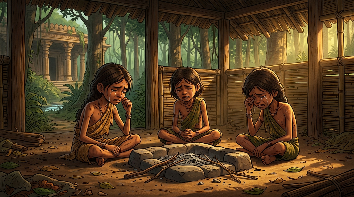 Three emaciated tribal children sit on the dirt floor, crying in hunger