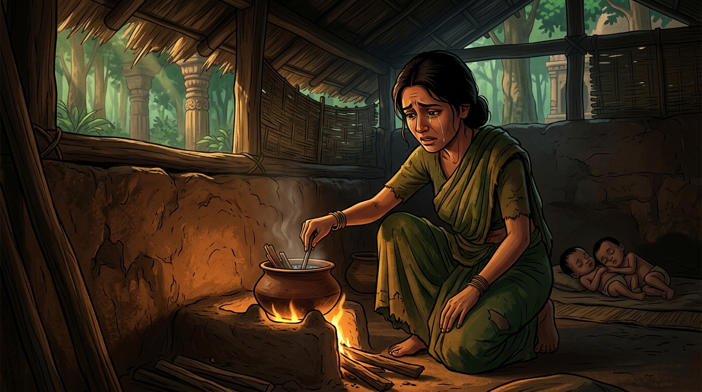 The hunter's wife weeps as she boils wild bitter tree bark in an empty earthen pot