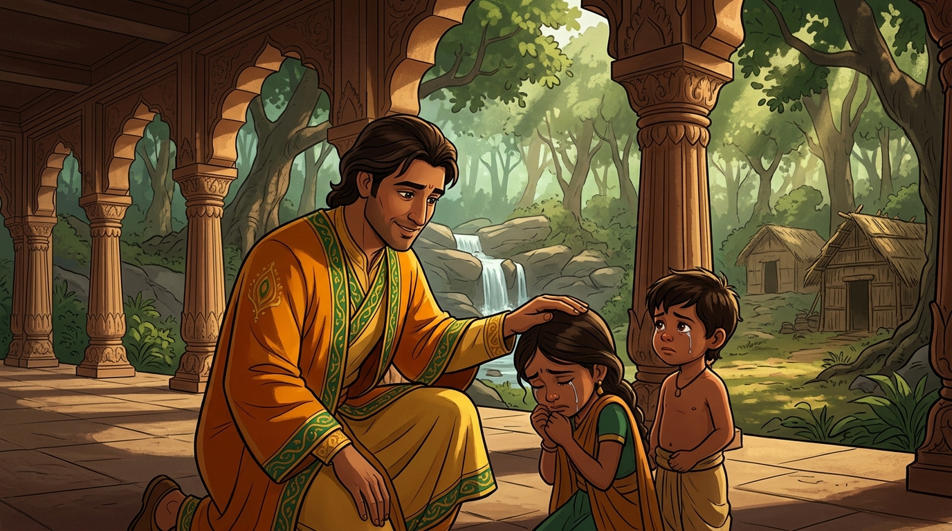 Vikramaditya gently comforts the weeping children, placing his hand in blessing upon their heads