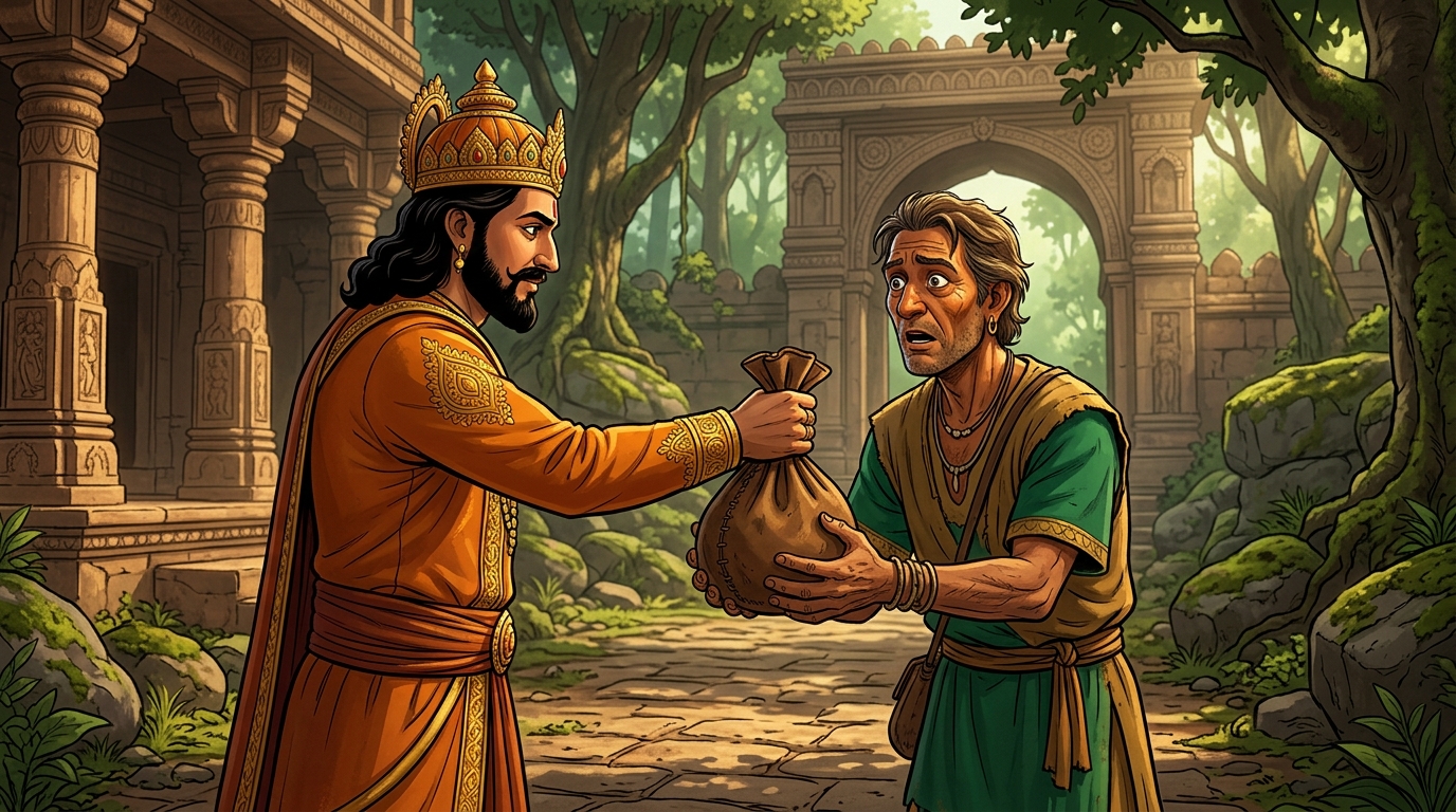 Vikramaditya hands his entire heavy leather pouch of two hundred gold dinars to the hunter