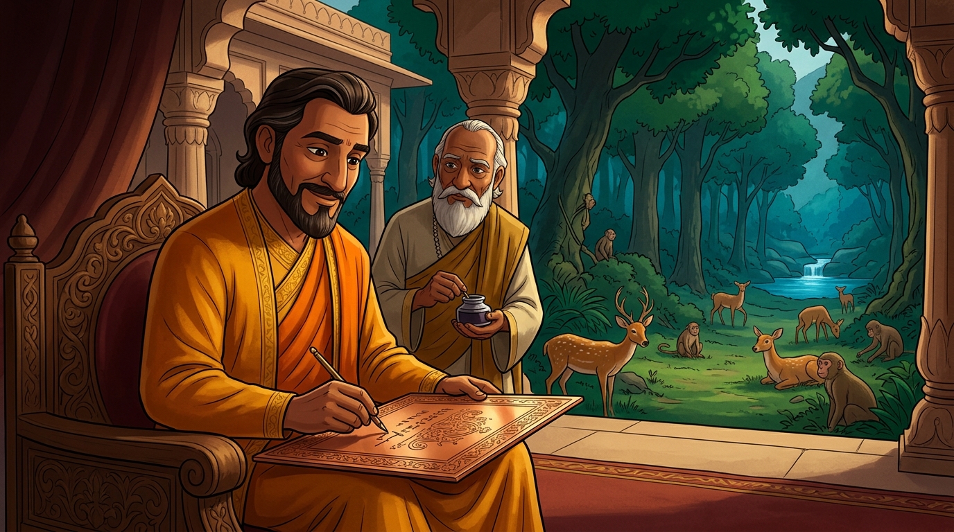 The Emperor signs a royal copper decree establishing the Vindhya forest as an Abhayaranya
