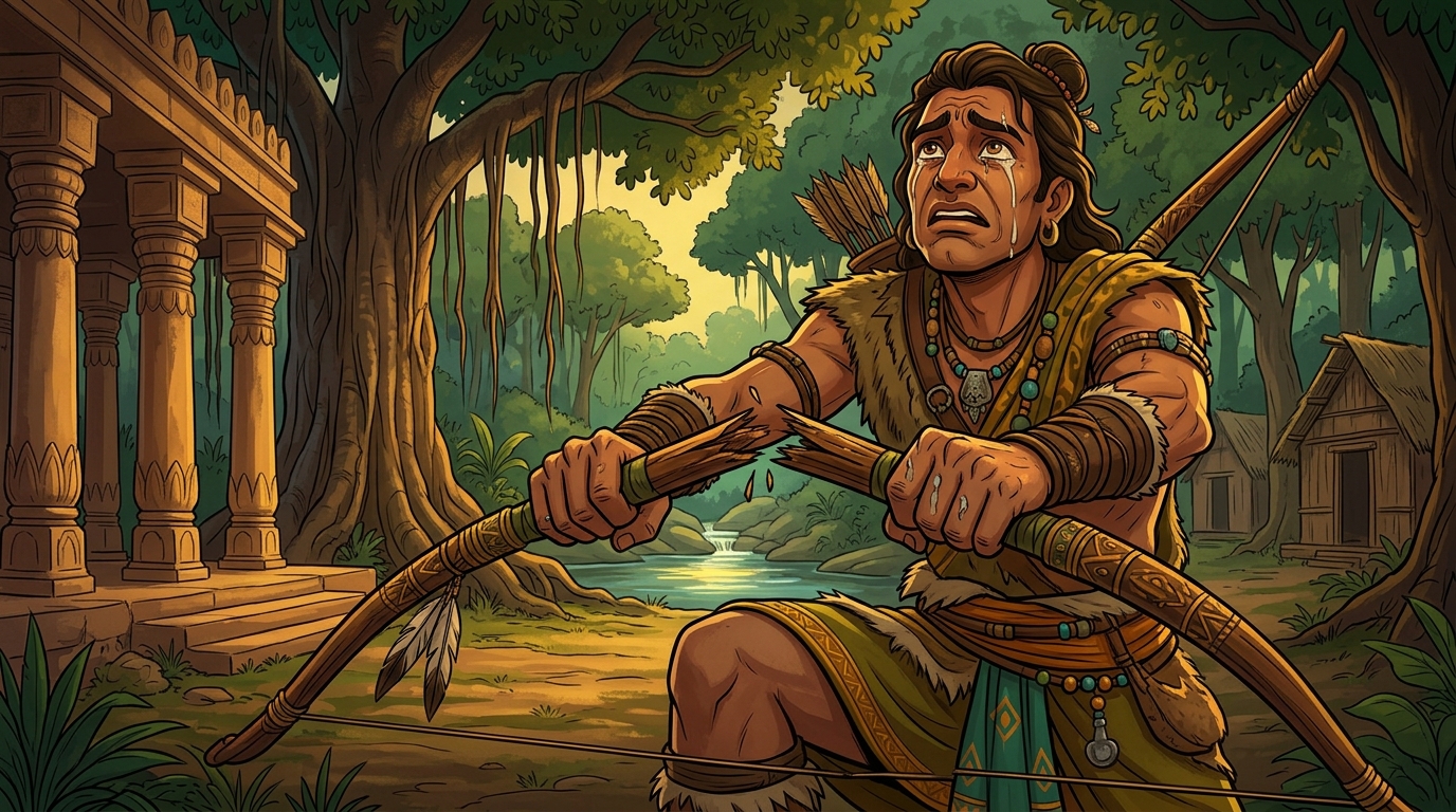 In tears of spiritual awakening, Lubdhaka snaps his hunting bow in two