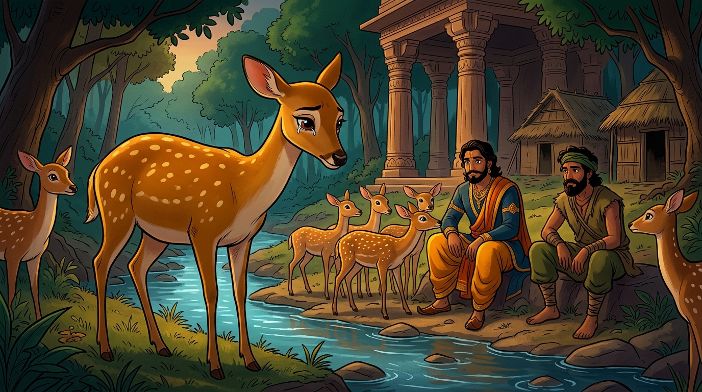 At twilight, the pregnant doe and a herd of gentle spotted deer return, fearlessly nuzzling