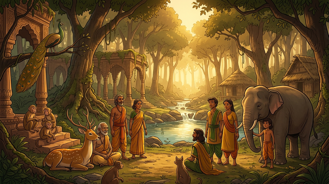 Golden evening sunlight bathes the woodland in peace as humans and wildlife stand together in Dharma