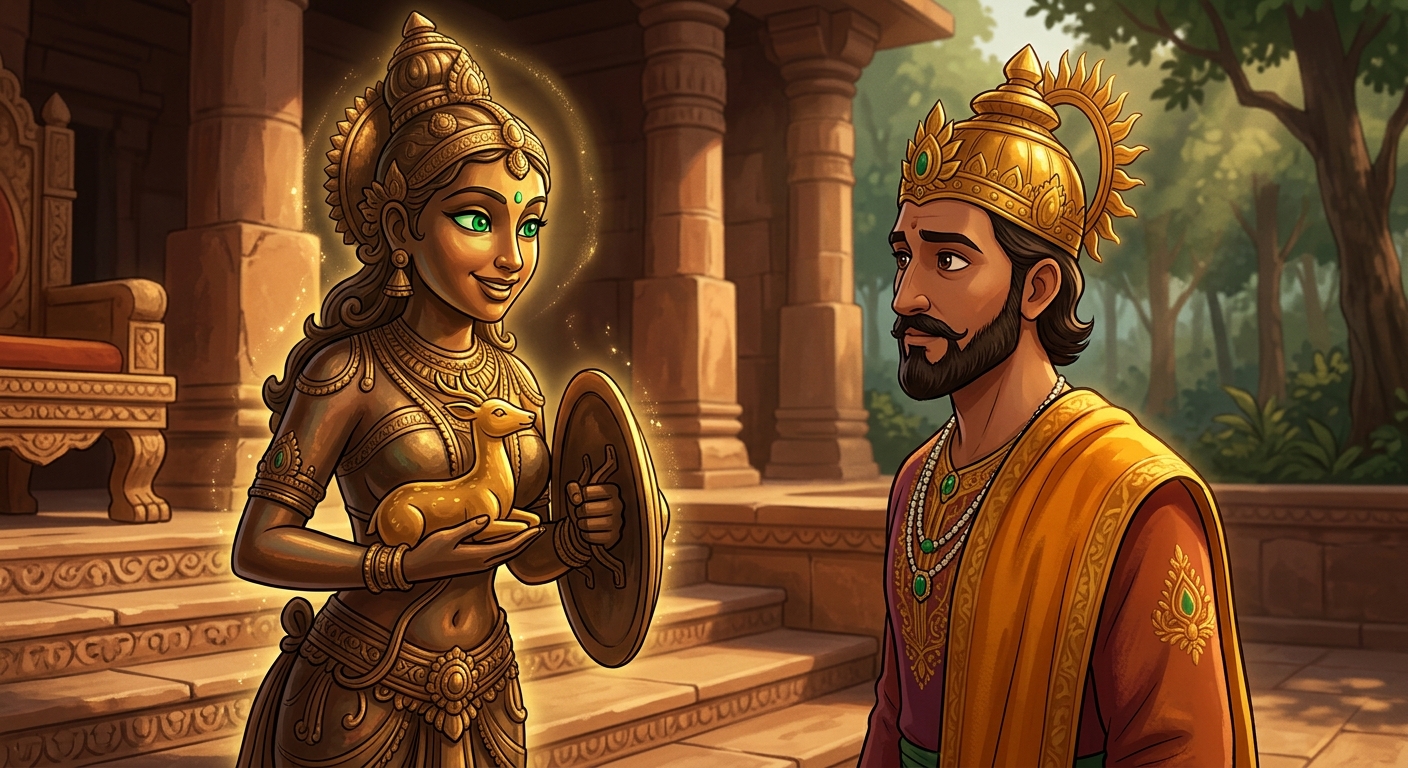 Back in Dharanagari palace, Dharmavati looks directly at King Bhoja with emerald-green eyes