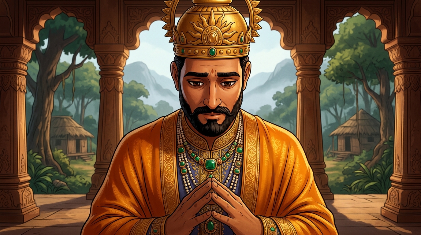 King Bhoja lowers his head in deep humility and introspection, acknowledging Vikramaditya's compassion