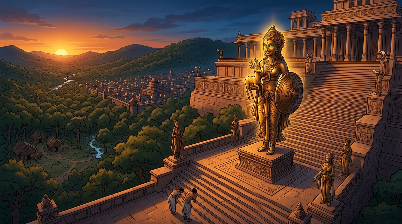 Twilight conches echo across Dharanagari as Dharmavati smiles and freezes back into silent bronze