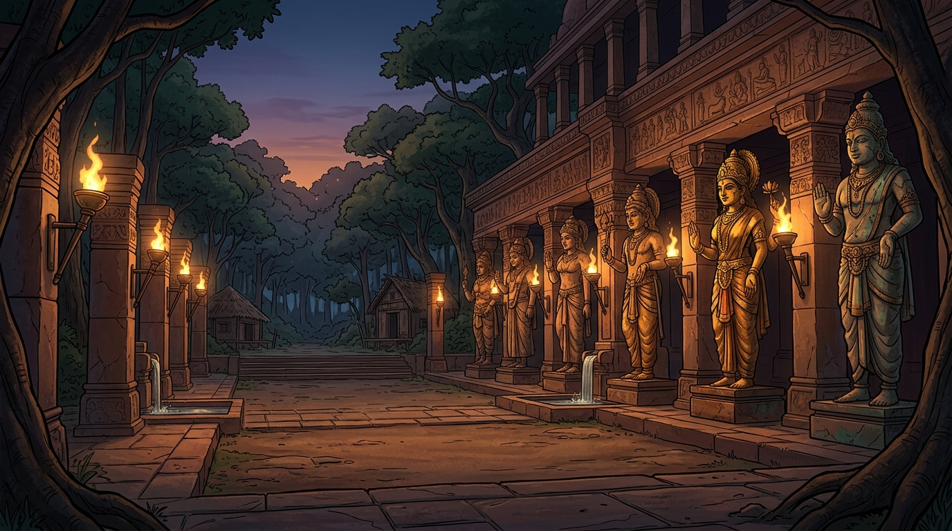 The remaining nine celestial statues gleam in the evening torchlight