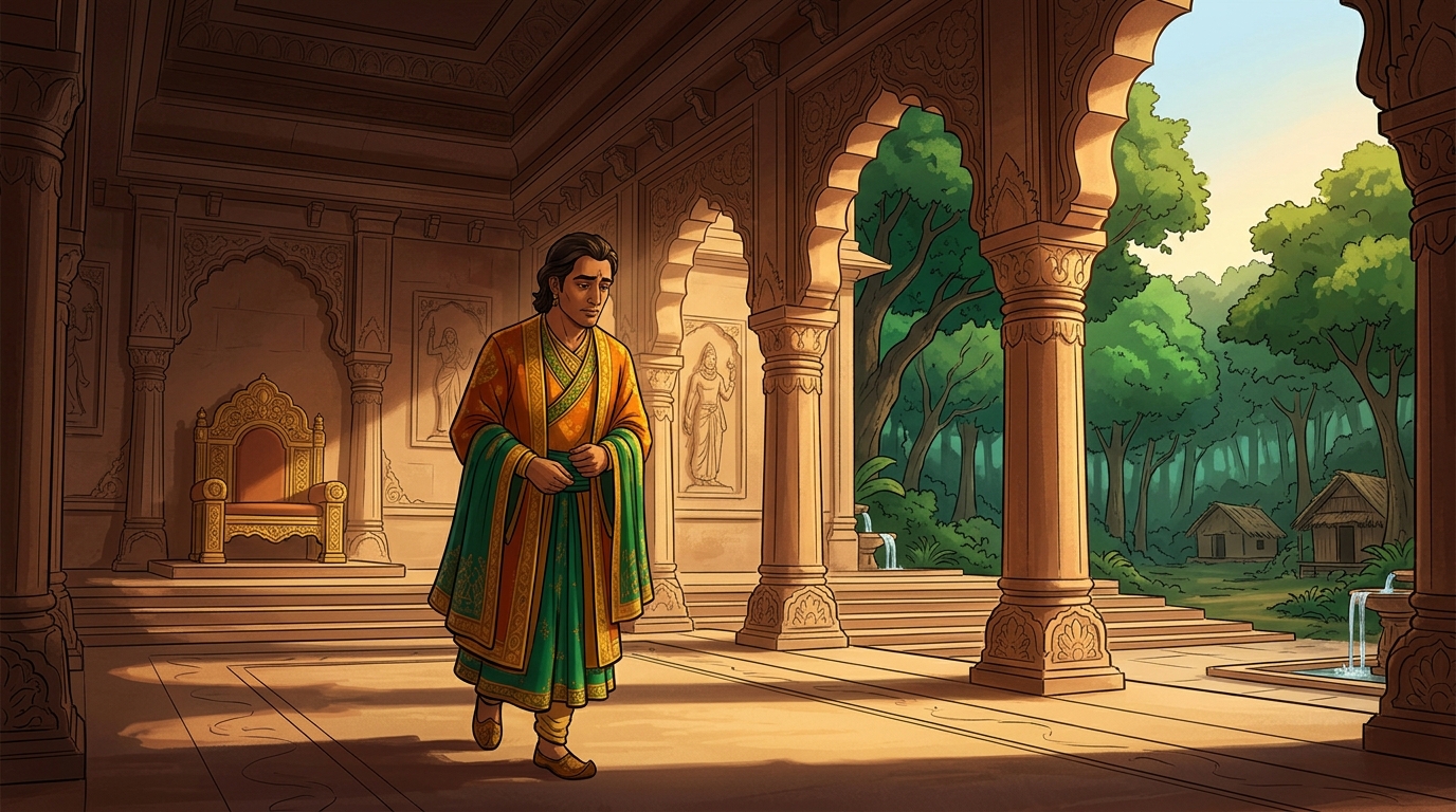 King Bhoja departs the throne hall in quiet contemplation, inspired by Vikramaditya's compassion