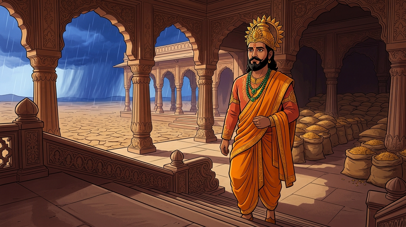 King Bhoja in sacred saffron silks approaches the twenty-fourth step of the throne