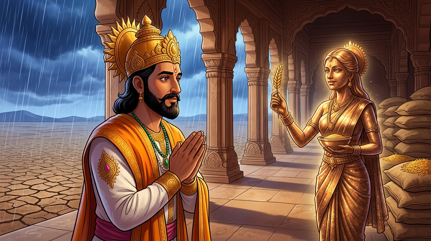 King Bhoja halts in deep reverence with folded hands, gazing at the living bronze maiden