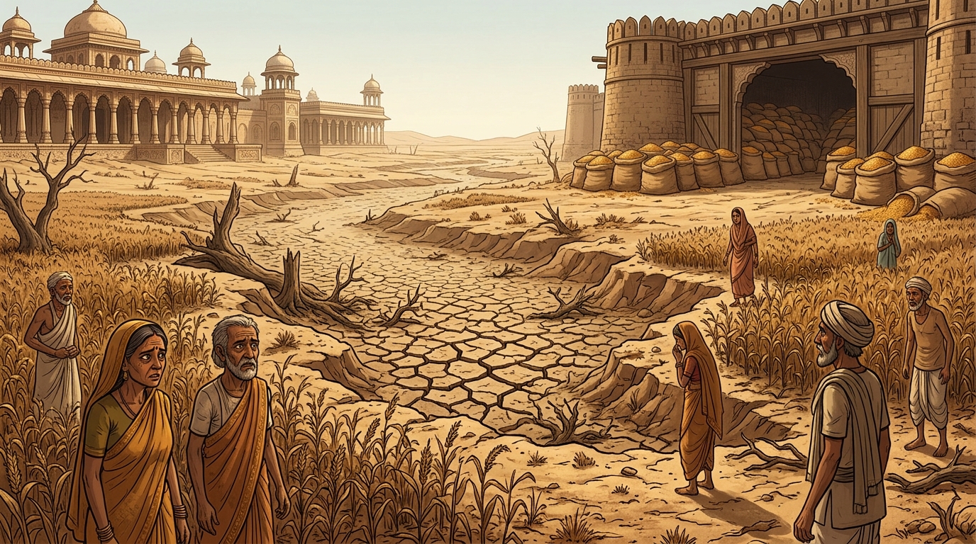 A catastrophic drought grips the neighboring realm of Chedi: cracked dry riverbeds and burning sun