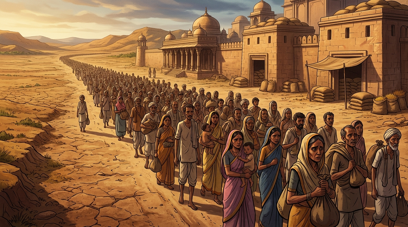 Thousands of emaciated refugees from Chedi stream along the dusty highways toward Ujjayini