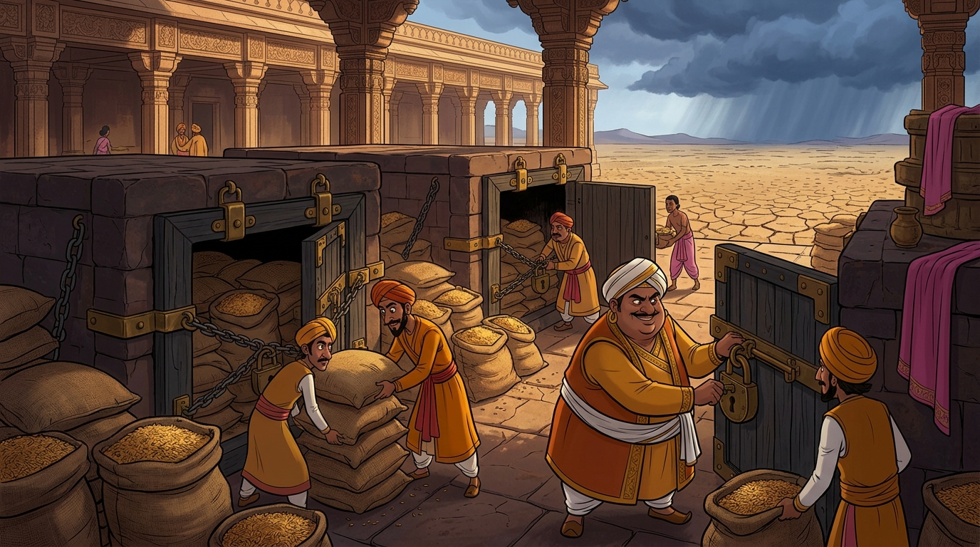 In Ujjayini, corrupt grain merchants lock stone vaults, hoarding sacks of wheat