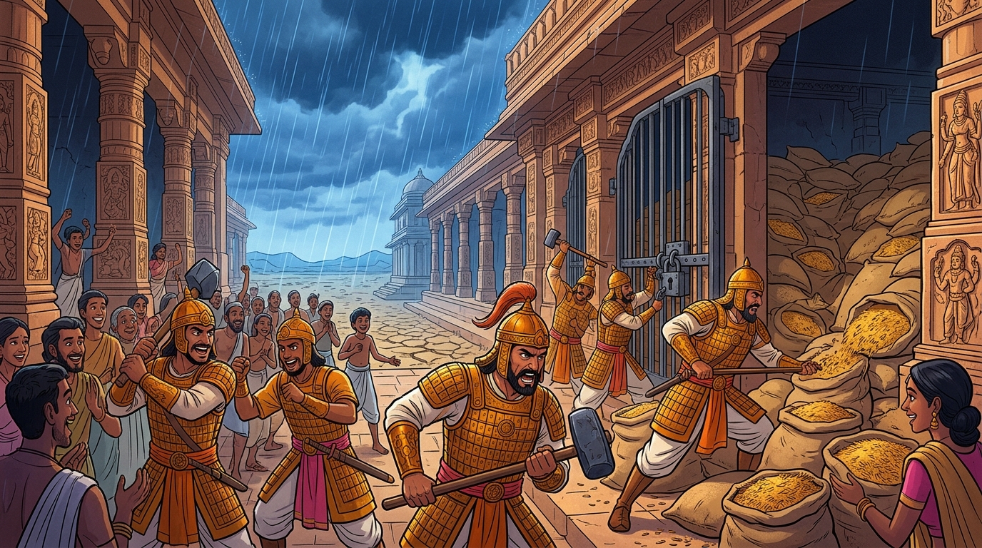 Imperial guards break iron locks on corrupt merchants' vaults, confiscating hoarded wheat