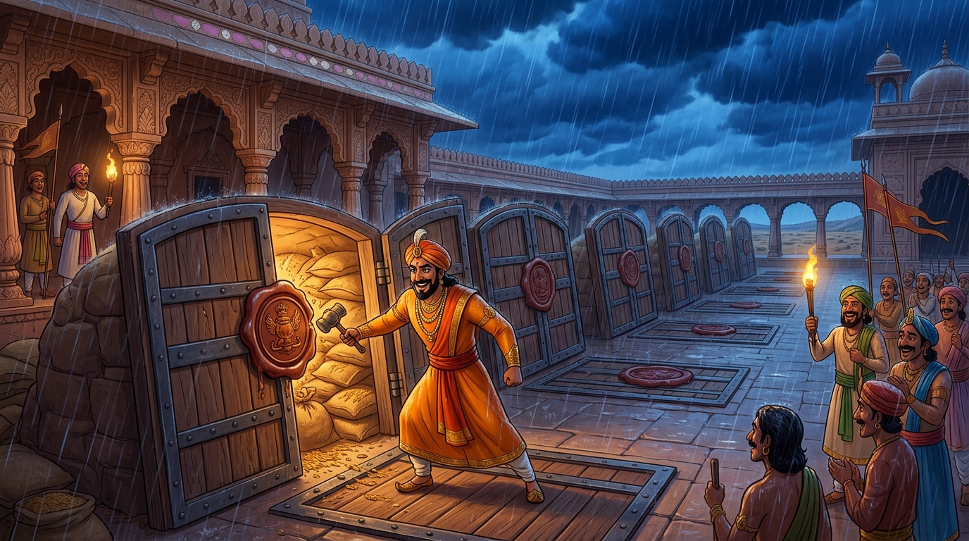 Vikramaditya personally breaks the wax seals on all forty massive underground imperial granaries