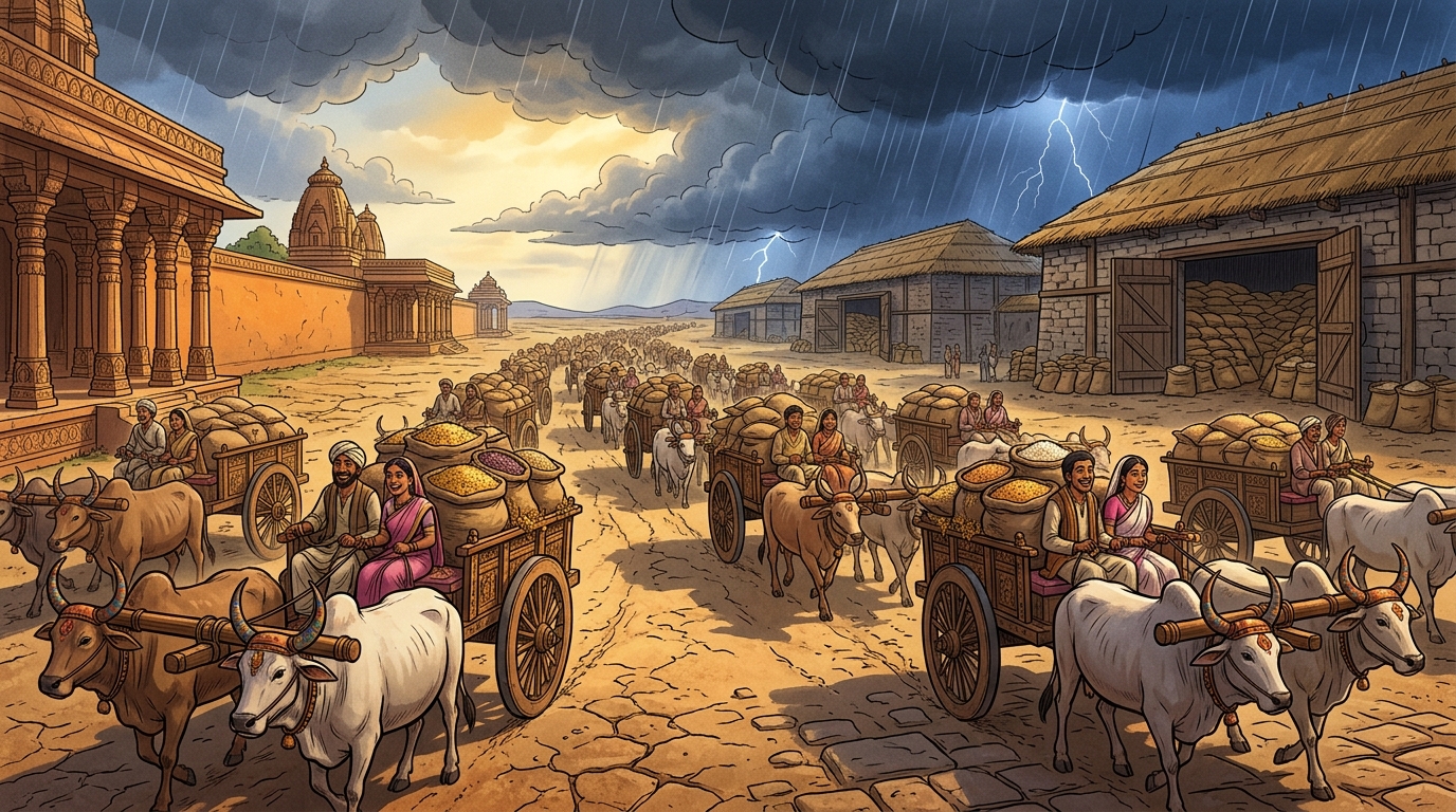Hundreds of bullock carts overflowing with golden wheat roll out along all highways