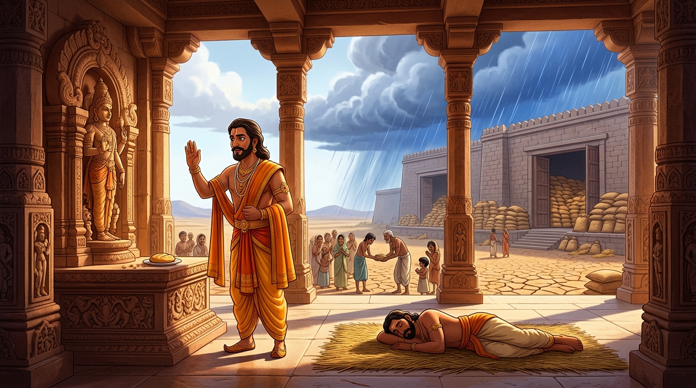 Vikramaditya takes a sacred vow: 'Until all are fed, I shall eat one dry bread and sleep on grass!'