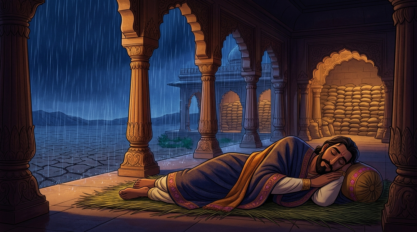 At night in the palace, Vikramaditya sleeps humbly upon a simple mat of kusha grass