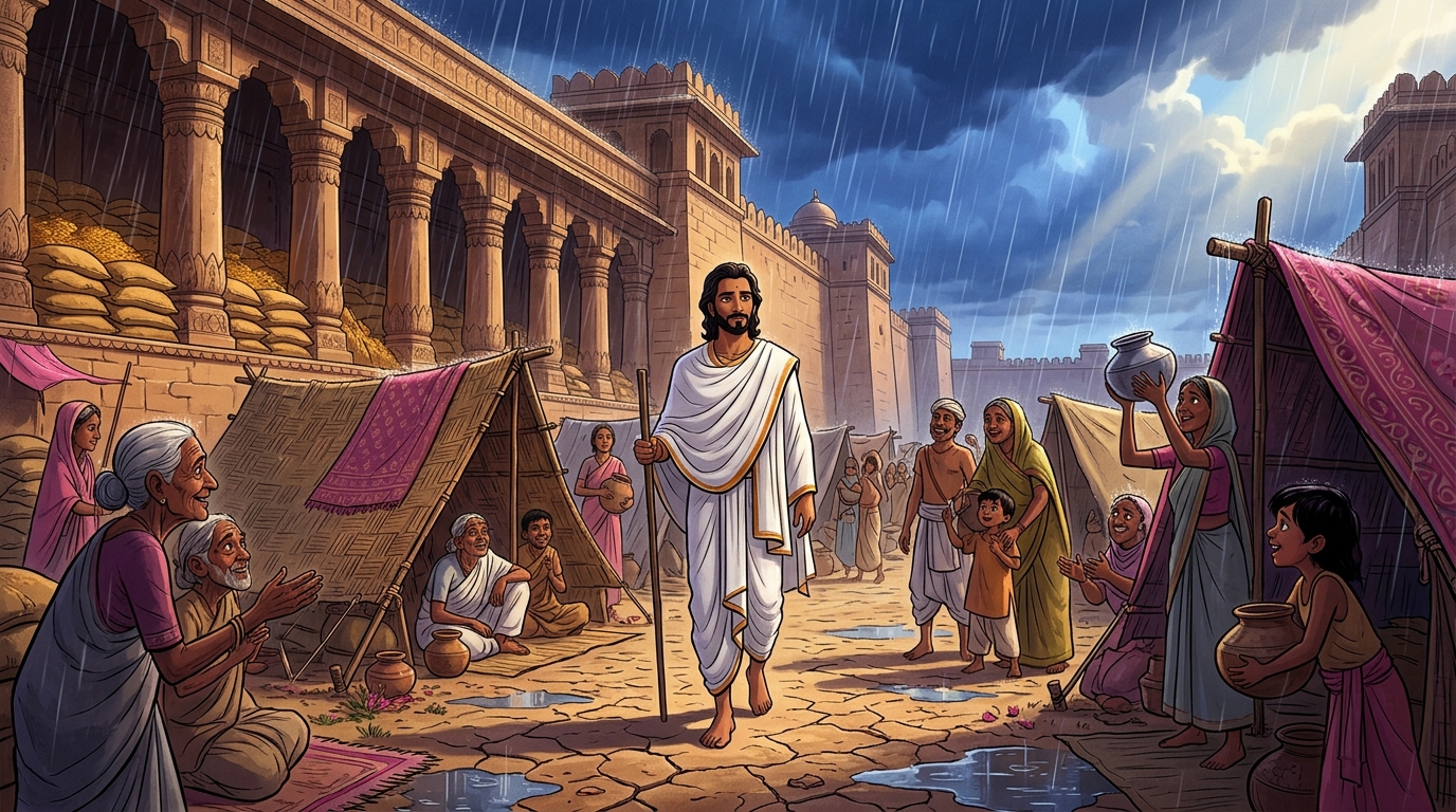 Vikramaditya walks barefoot in simple linen robes among the refugee camps