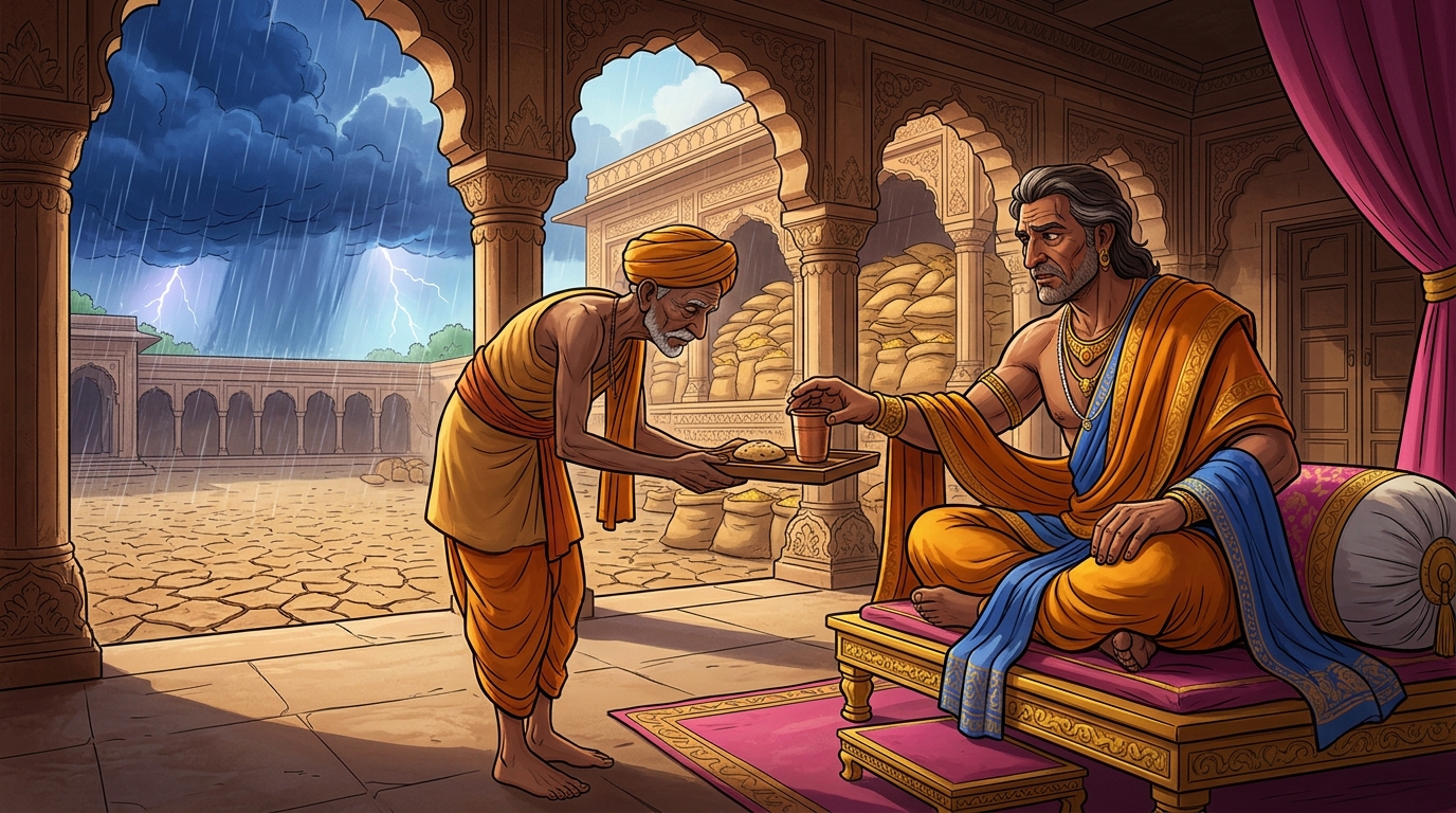 An attendant brings the Emperor his single daily meal: a small dry crust of barley bread
