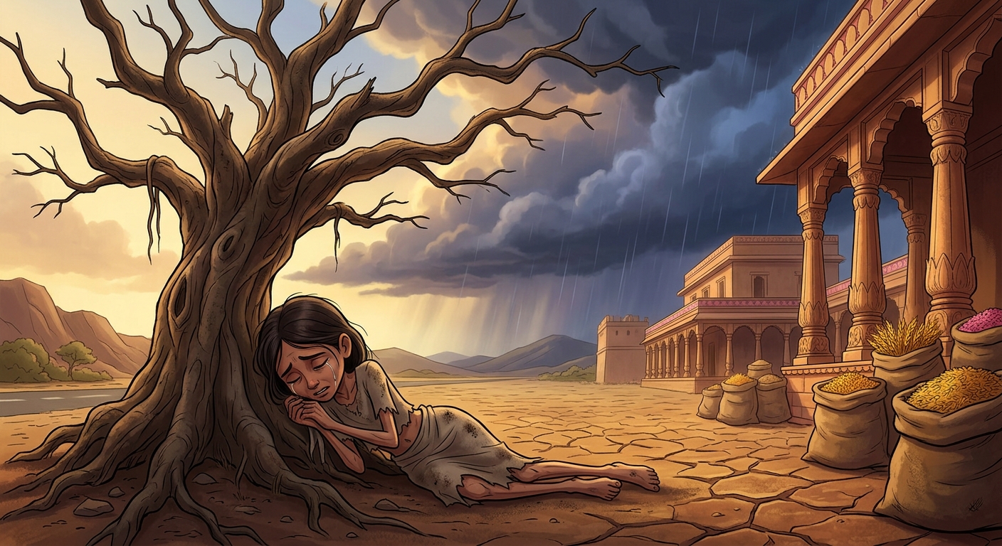 Near the roadside under a dead banyan tree, orphan Kalyani lies collapsed in the dust