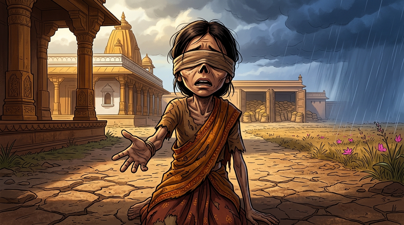 The blind child whispers: 'Water... a crumb of bread... mother has died...'