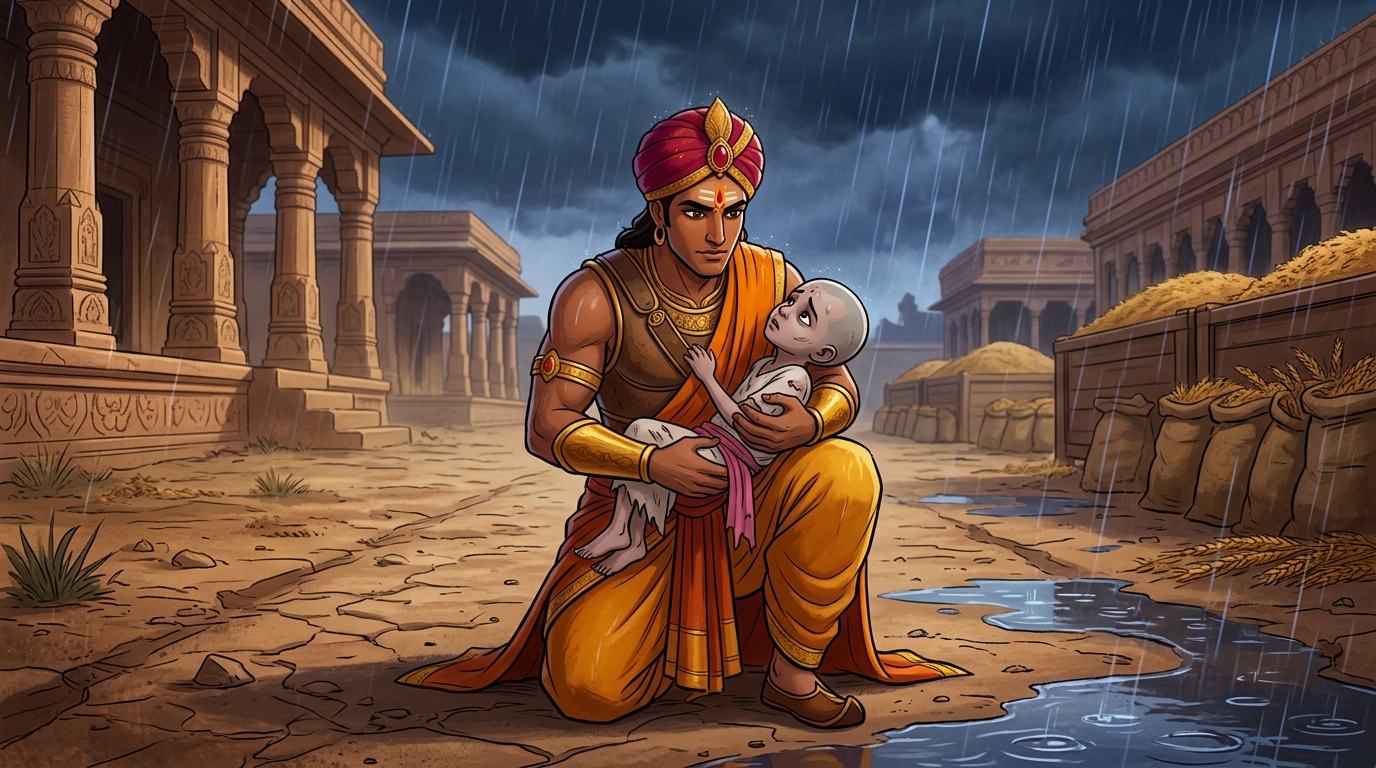 Without hesitation, Vikramaditya kneels on the burning earth, cradling the dying orphan