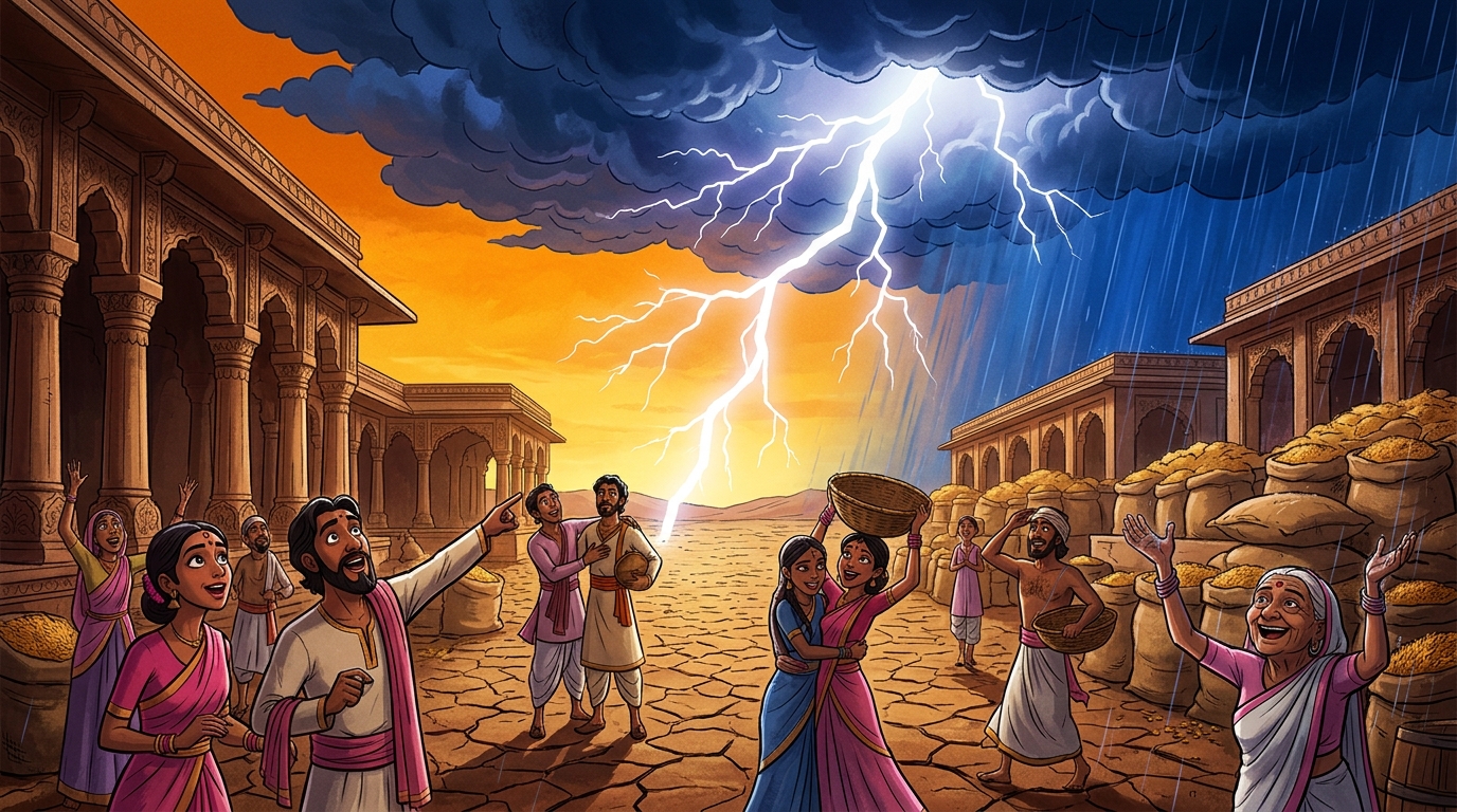 The heavens rumble with mighty thunder; dark indigo rain clouds suddenly gather