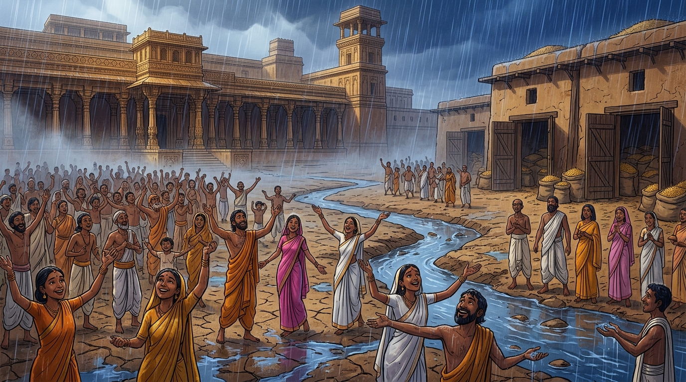 Torrential, sweet monsoon rain cascades down upon the parched earth, filling dry rivers