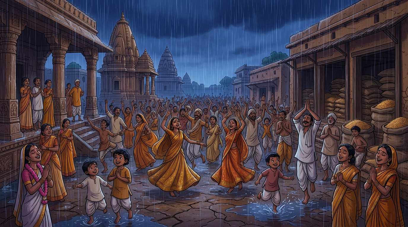 Thousands of farmers, refugees, and children dance in ecstasy under the life-giving downpour