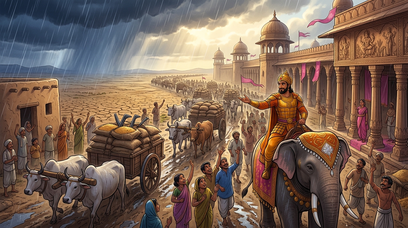 Vikramaditya gifts fifty thousand bullocks, plowshares, and seed bags to Chedi