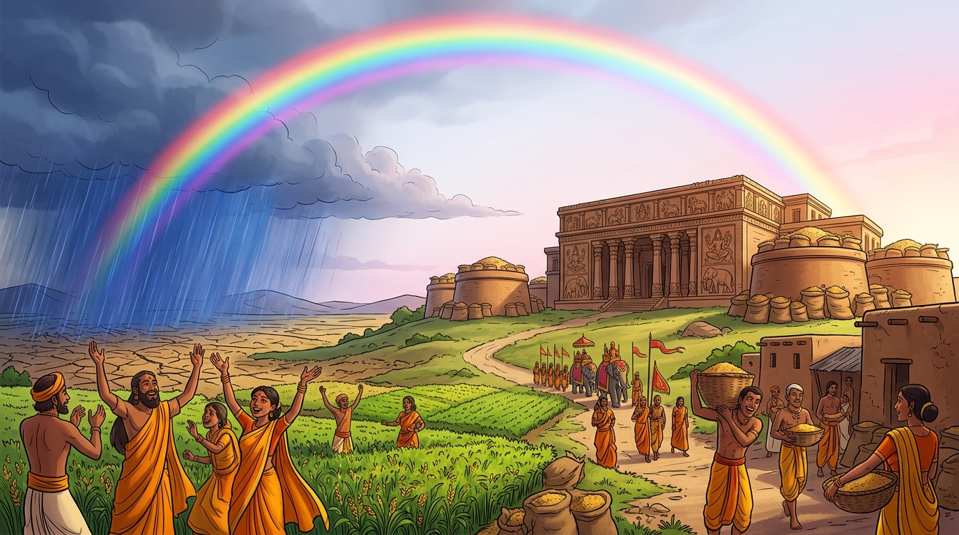 A brilliant seven-colored rainbow arcs over the green lush fields of Chedi and Ujjayini