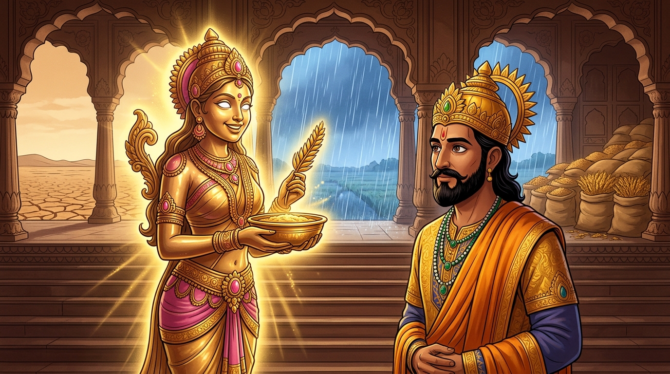Back in Dharanagari palace, Karunavati looks directly at King Bhoja with mother-pearl eyes