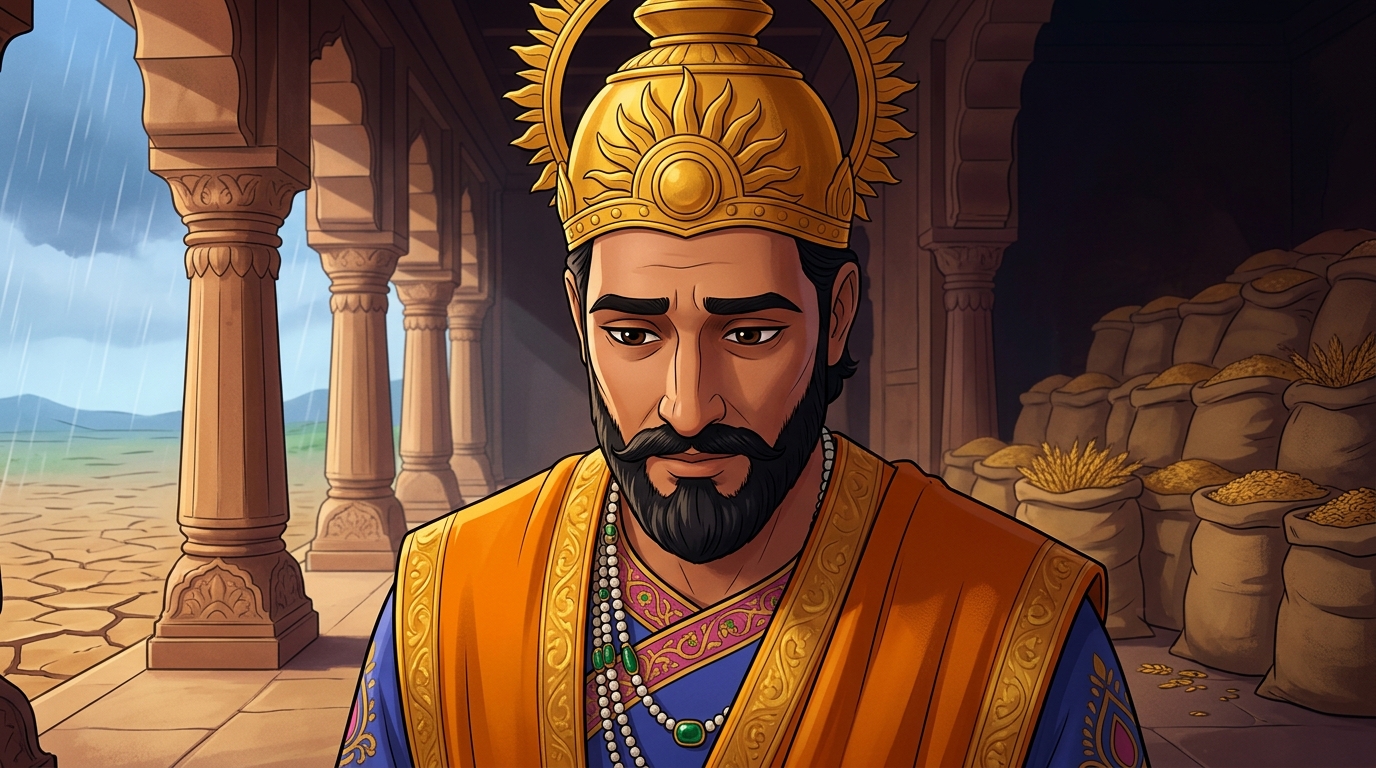 King Bhoja lowers his head in deep humility and introspection, acknowledging Vikramaditya's sacrifice