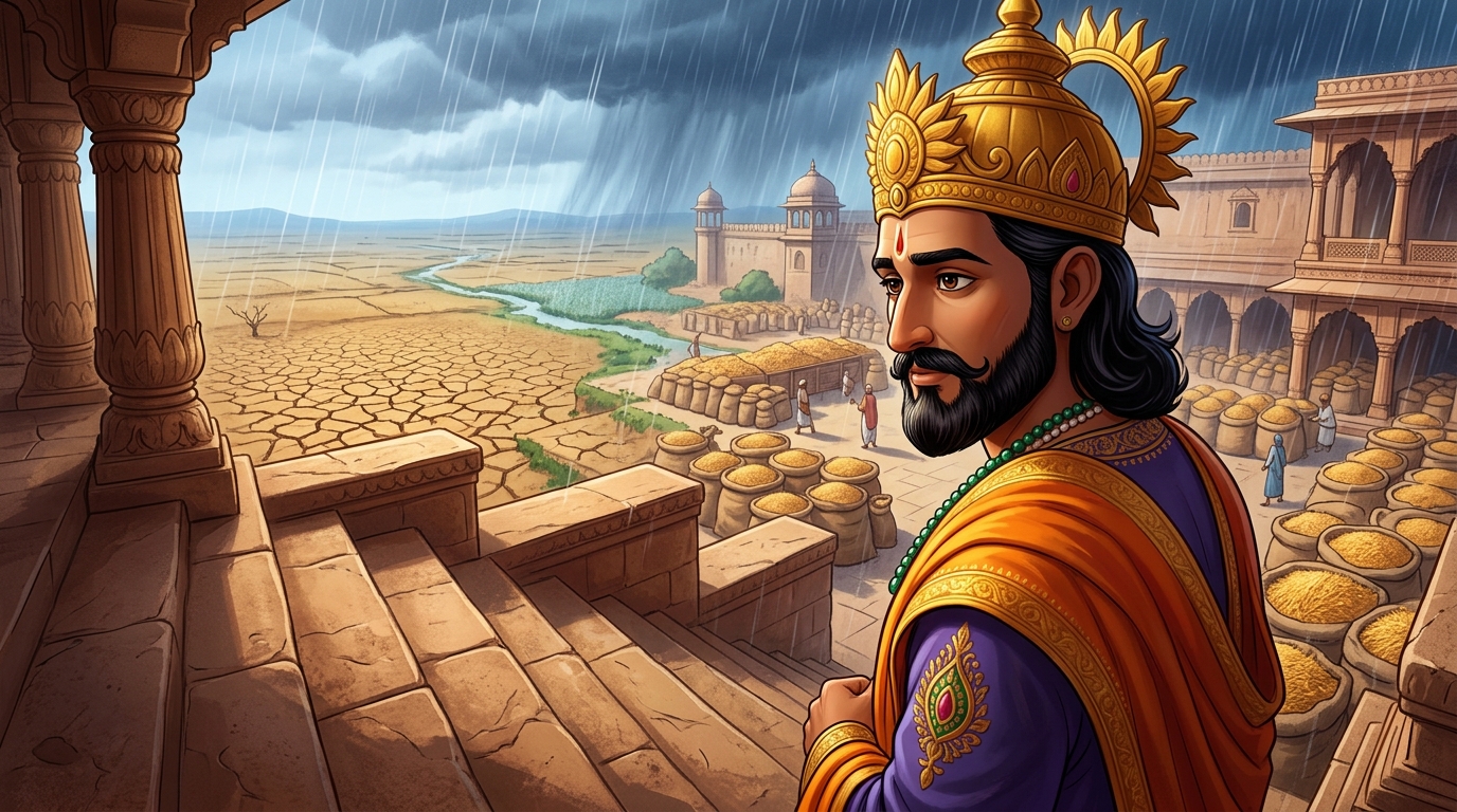 King Bhoja steps down from the twenty-fourth step, ordering emergency grain banks established