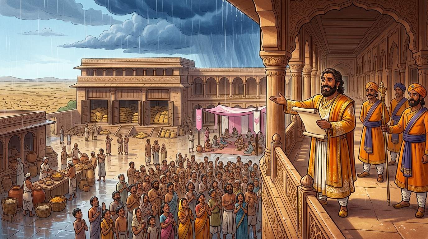 King Bhoja issues royal proclamations establishing emergency famine grain reserves