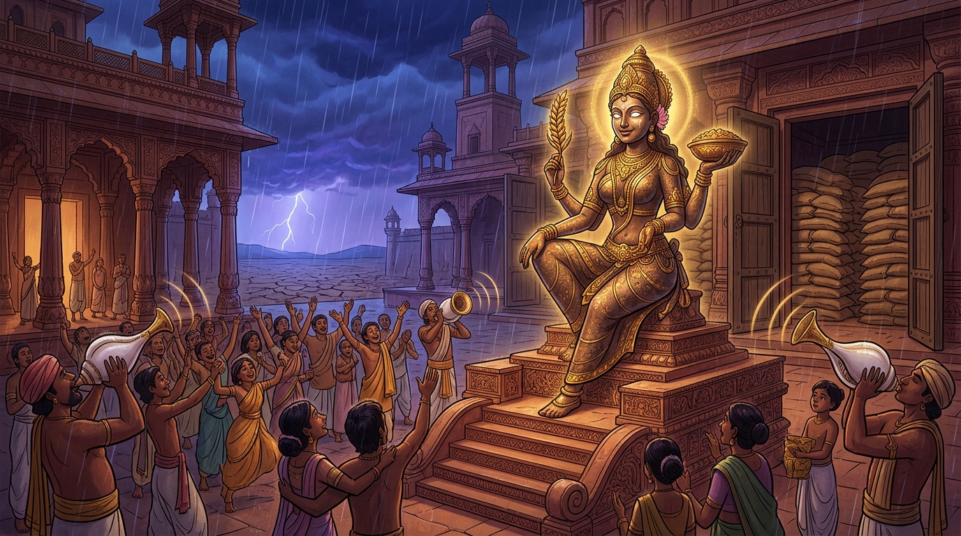 Twilight conches echo across Dharanagari as Karunavati smiles and freezes back into silent bronze
