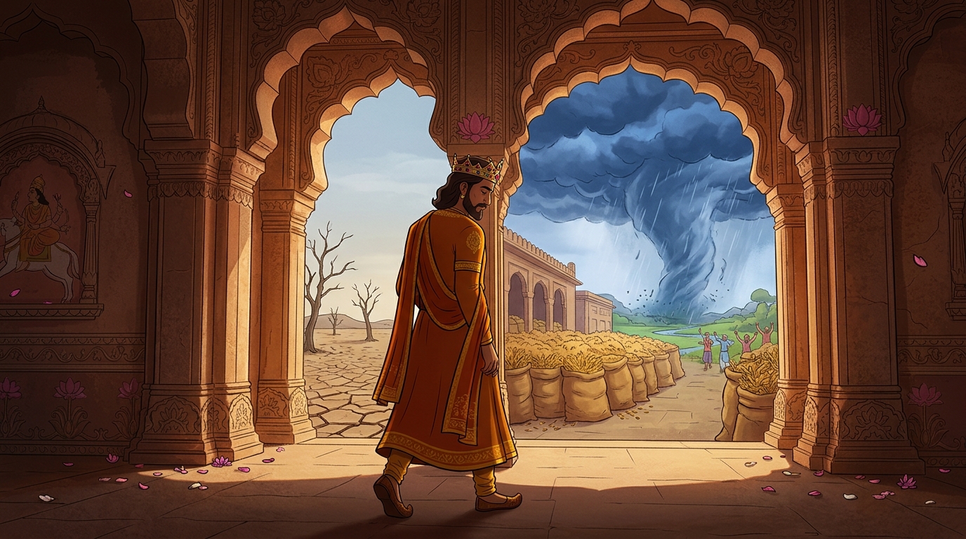 King Bhoja departs the throne hall in quiet contemplation, inspired by Vikramaditya's sacrifice