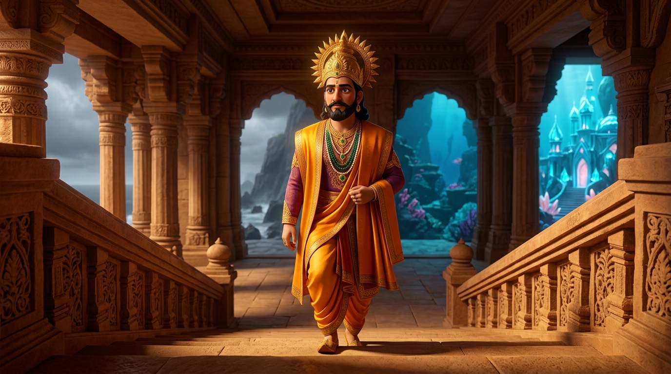 King Bhoja in sacred saffron silks approaches the twenty-fifth step of the throne