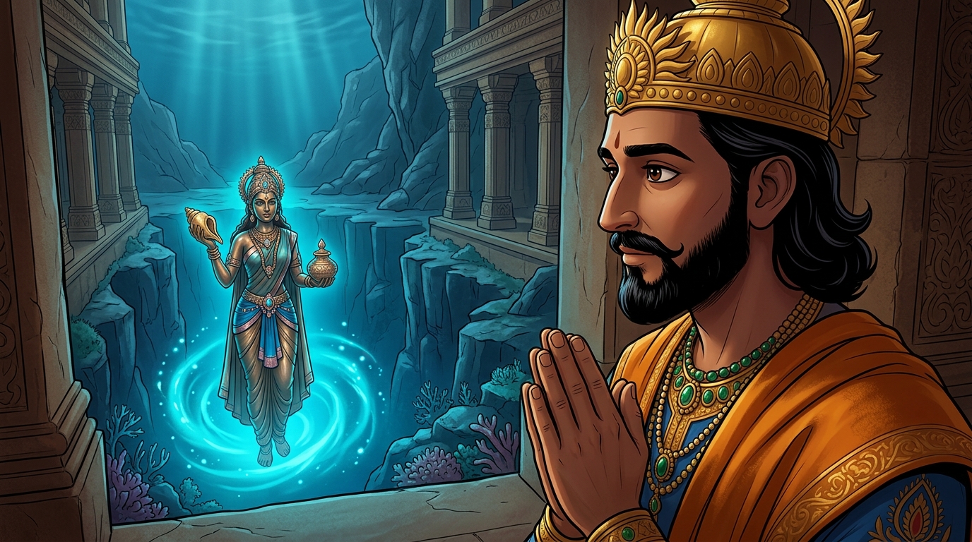 King Bhoja halts in deep reverence with folded hands, gazing at the living bronze maiden