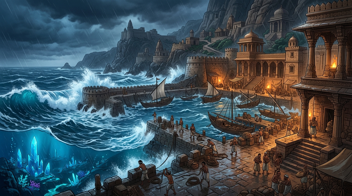 At the bustling ancient western seaport of Sopara, towering ocean waves crash violently
