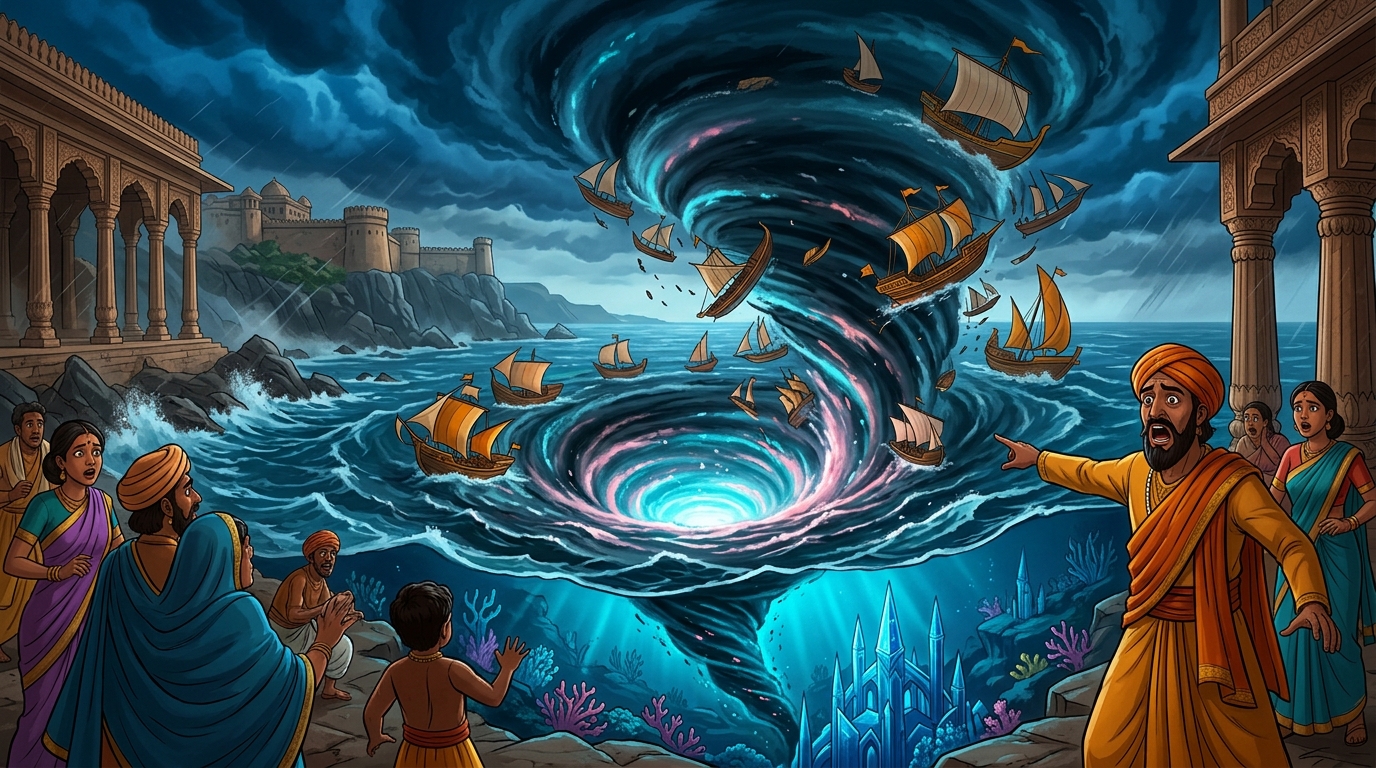A colossal black whirlpool swallows the merchant fleet of three hundred ships into the abyss