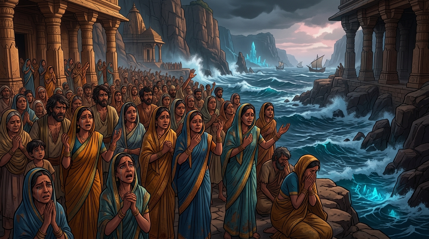 Hundreds of distraught coastal families and widows crowd the rocky shoreline