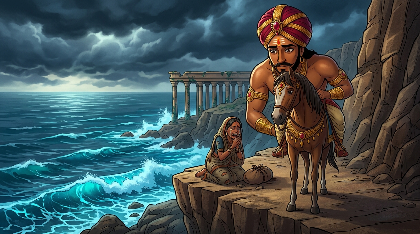 Vikramaditya arrives on horseback, deeply moved by the mother's heart-wrenching tears