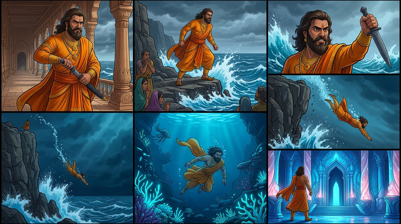 Vikramaditya draws his Wootz steel dagger: 'I shall dive into the ocean abyss to bring back our sons!'